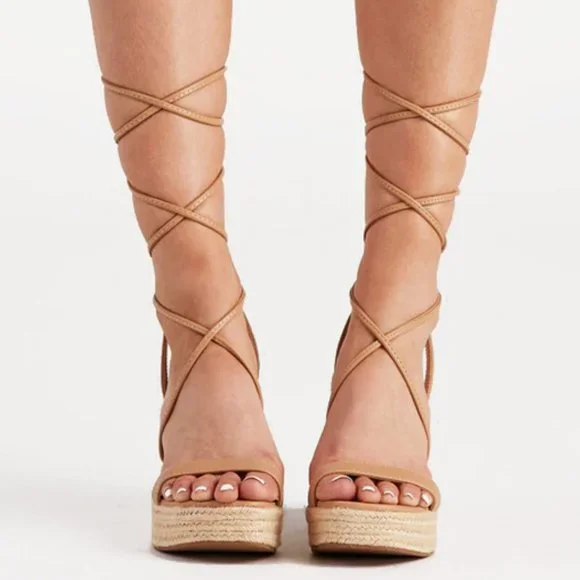 NEW Lace-Up Ankle Wrap Faux Leather Straps Espadrille Wedge Sandals Natural Nude - Picture 2 of 10